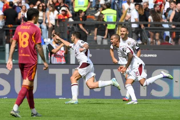 Torino s Giovanni Simeone celebrates after scoring the goal 0-1 during the Serie A Enilive soccer match between AS Roma and Torino FC at the Rome s Olympic stadium, Italy - Sunday, September 14, 2025. - Soccer.  Copyright: xFabrizioxCorradetti LaPressex