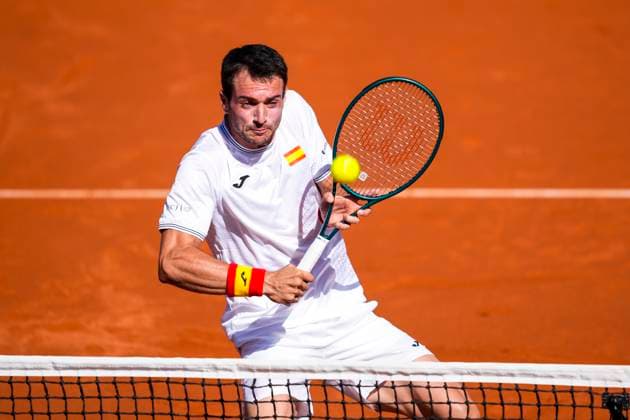 September 14, 2025, Malaga, Malaga, SPAIN: Pedro Martinez of Spain in action against August Holmgren and Johannes Ingildsen of Denmark during their menÃ¢â‚¬â ¢s doubles tennis match to 2025 Davis Cup Qualifiers Second Round between Spain and Denmark at Club Tennis Puente Romano on September 14, 2025, in Malaga, Spain. Malaga SPAIN - ZUMAa181 20250914_zaa_a181_017 Copyright: xJoaquinxCorcherox