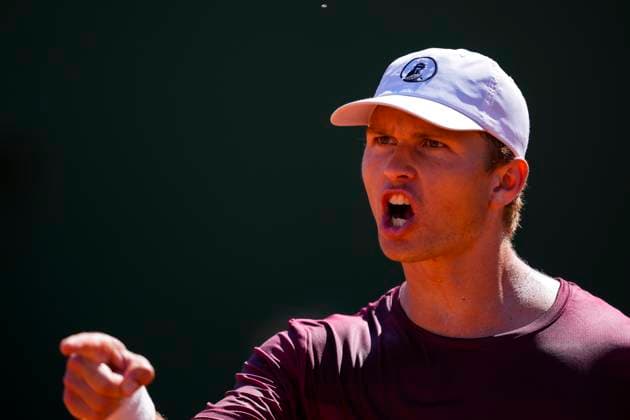 September 14, 2025, Malaga, Malaga, SPAIN: Johannes Ingildsen of Denmark gestures against Jaume Munar and Pedro Martinez of Spain during their menÃ¢â‚¬â ¢s doubles tennis match to 2025 Davis Cup Qualifiers Second Round between Spain and Denmark at Club Tennis Puente Romano on September 14, 2025, in Malaga, Spain. Malaga SPAIN - ZUMAa181 20250914_zaa_a181_018 Copyright: xJoaquinxCorcherox