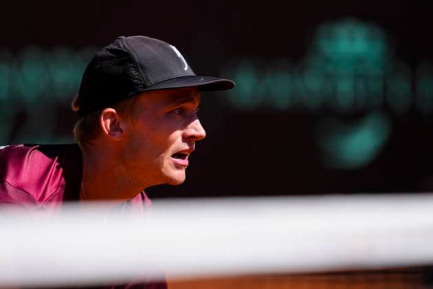 September 14, 2025, Malaga, Malaga, SPAIN: August Holmgren of Denmark looks on against Jaume Munar and Pedro Martinez of Spain during their menÃ¢â‚¬â ¢s doubles tennis match to 2025 Davis Cup Qualifiers Second Round between Spain and Denmark at Club Tennis Puente Romano on September 14, 2025, in Malaga, Spain. Malaga SPAIN - ZUMAa181 20250914_zaa_a181_019 Copyright: xJoaquinxCorcherox