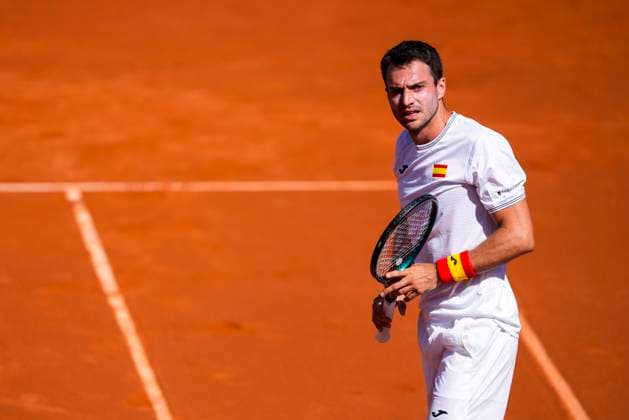 September 14, 2025, Malaga, Malaga, SPAIN: Pedro Martinez of Spain gestures against August Holmgren and Johannes Ingildsen of Denmark during their menÃ¢â‚¬â ¢s doubles tennis match to 2025 Davis Cup Qualifiers Second Round between Spain and Denmark at Club Tennis Puente Romano on September 14, 2025, in Malaga, Spain. Malaga SPAIN - ZUMAa181 20250914_zaa_a181_020 Copyright: xJoaquinxCorcherox