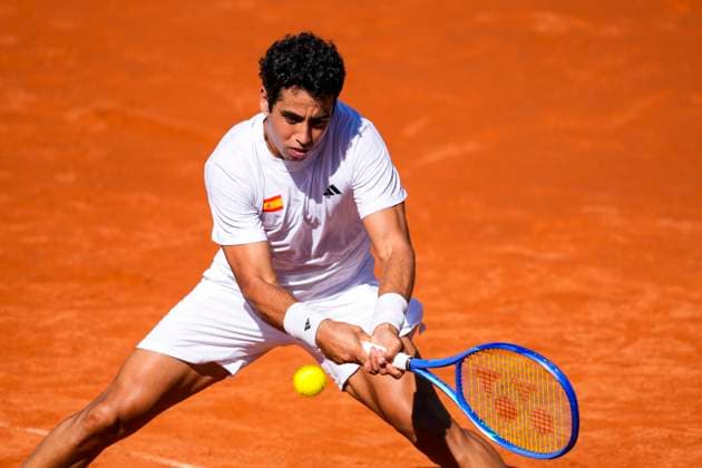 September 14, 2025, Malaga, Malaga, SPAIN: Jaume Munar of Spain in action against August Holmgren and Johannes Ingildsen of Denmark during their menÃ¢â‚¬â ¢s doubles tennis match to 2025 Davis Cup Qualifiers Second Round between Spain and Denmark at Club Tennis Puente Romano on September 14, 2025, in Malaga, Spain. Malaga SPAIN - ZUMAa181 20250914_zaa_a181_022 Copyright: xJoaquinxCorcherox