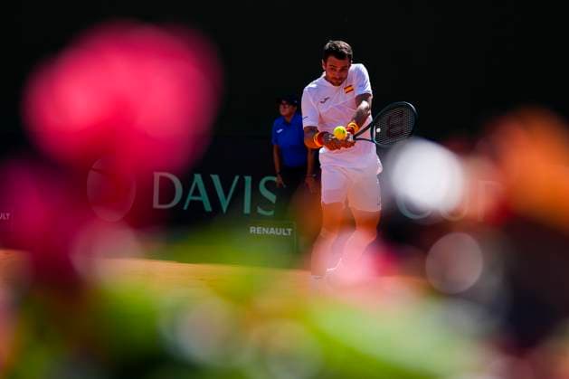 September 14, 2025, Malaga, Malaga, SPAIN: Pedro Martinez of Spain in action against August Holmgren and Johannes Ingildsen of Denmark during their menÃ¢â‚¬â ¢s doubles tennis match to 2025 Davis Cup Qualifiers Second Round between Spain and Denmark at Club Tennis Puente Romano on September 14, 2025, in Malaga, Spain. Malaga SPAIN - ZUMAa181 20250914_zaa_a181_027 Copyright: xJoaquinxCorcherox