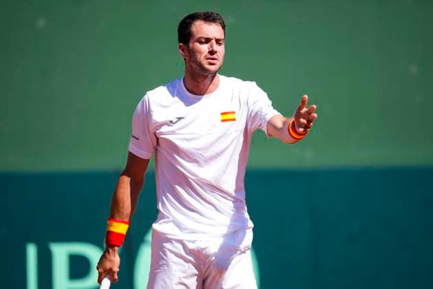 September 14, 2025, Malaga, Malaga, SPAIN: Pedro Martinez of Spain gestures against August Holmgren and Johannes Ingildsen of Denmark during their menÃ¢â‚¬â ¢s doubles tennis match to 2025 Davis Cup Qualifiers Second Round between Spain and Denmark at Club Tennis Puente Romano on September 14, 2025, in Malaga, Spain. Malaga SPAIN - ZUMAa181 20250914_zaa_a181_035 Copyright: xJoaquinxCorcherox