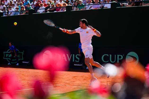 September 14, 2025, Malaga, Malaga, SPAIN: Pedro Martinez of Spain in action against August Holmgren and Johannes Ingildsen of Denmark during their menÃ¢â‚¬â ¢s doubles tennis match to 2025 Davis Cup Qualifiers Second Round between Spain and Denmark at Club Tennis Puente Romano on September 14, 2025, in Malaga, Spain. Malaga SPAIN - ZUMAa181 20250914_zaa_a181_036 Copyright: xJoaquinxCorcherox