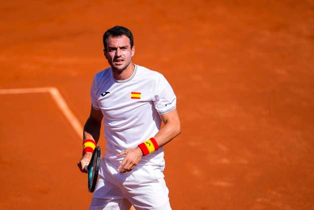 September 14, 2025, Malaga, Malaga, SPAIN: Pedro Martinez of Spain gestures against August Holmgren and Johannes Ingildsen of Denmark during their menÃ¢â‚¬â ¢s doubles tennis match to 2025 Davis Cup Qualifiers Second Round between Spain and Denmark at Club Tennis Puente Romano on September 14, 2025, in Malaga, Spain. Malaga SPAIN - ZUMAa181 20250914_zaa_a181_037 Copyright: xJoaquinxCorcherox