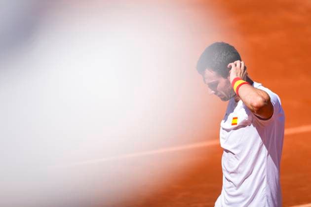 September 14, 2025, Malaga, Malaga, SPAIN: Pedro Martinez of Spain gestures against August Holmgren and Johannes Ingildsen of Denmark during their menÃ¢â‚¬â ¢s doubles tennis match to 2025 Davis Cup Qualifiers Second Round between Spain and Denmark at Club Tennis Puente Romano on September 14, 2025, in Malaga, Spain. Malaga SPAIN - ZUMAa181 20250914_zaa_a181_042 Copyright: xJoaquinxCorcherox