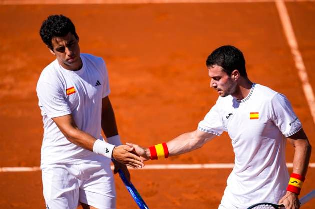 September 14, 2025, Malaga, Malaga, SPAIN: Jaume Munar and Pedro Martinez of Spain gestures against August Holmgren and Johannes Ingildsen of Denmark during their menÃ¢â‚¬â ¢s doubles tennis match to 2025 Davis Cup Qualifiers Second Round between Spain and Denmark at Club Tennis Puente Romano on September 14, 2025, in Malaga, Spain. Malaga SPAIN - ZUMAa181 20250914_zaa_a181_045 Copyright: xJoaquinxCorcherox