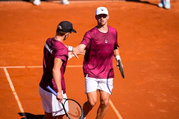 September 14, 2025, Malaga, Malaga, SPAIN: August Holmgren and Johannes Ingildsen of Denmark gestures against Jaume Munar and Pedro Martinez of Spain during their menÃ¢â‚¬â ¢s doubles tennis match to 2025 Davis Cup Qualifiers Second Round between Spain and Denmark at Club Tennis Puente Romano on September 14, 2025, in Malaga, Spain. Malaga SPAIN - ZUMAa181 20250914_zaa_a181_050 Copyright: xJoaquinxCorcherox