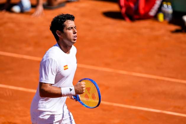 September 14, 2025, Malaga, Malaga, SPAIN: Jaume Munar of Spain gestures against August Holmgren and Johannes Ingildsen of Denmark during their menÃ¢â‚¬â ¢s doubles tennis match to 2025 Davis Cup Qualifiers Second Round between Spain and Denmark at Club Tennis Puente Romano on September 14, 2025, in Malaga, Spain. Malaga SPAIN - ZUMAa181 20250914_zaa_a181_052 Copyright: xJoaquinxCorcherox