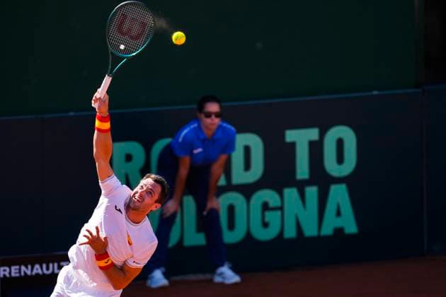 September 14, 2025, Malaga, Malaga, SPAIN: Pedro Martinez of Spain in action against August Holmgren and Johannes Ingildsen of Denmark during their menÃ¢â‚¬â ¢s doubles tennis match to 2025 Davis Cup Qualifiers Second Round between Spain and Denmark at Club Tennis Puente Romano on September 14, 2025, in Malaga, Spain. Malaga SPAIN - ZUMAa181 20250914_zaa_a181_053 Copyright: xJoaquinxCorcherox
