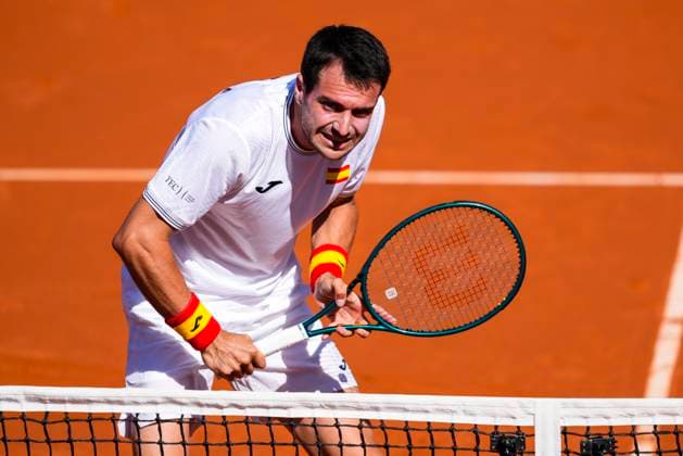 September 14, 2025, Malaga, Malaga, SPAIN: Pedro Martinez of Spain in action against August Holmgren and Johannes Ingildsen of Denmark during their menÃ¢â‚¬â ¢s doubles tennis match to 2025 Davis Cup Qualifiers Second Round between Spain and Denmark at Club Tennis Puente Romano on September 14, 2025, in Malaga, Spain. Malaga SPAIN - ZUMAa181 20250914_zaa_a181_054 Copyright: xJoaquinxCorcherox