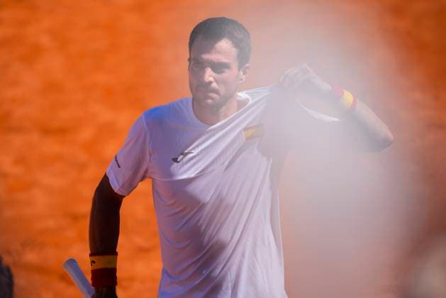 September 14, 2025, Malaga, Malaga, SPAIN: Pedro Martinez of Spain gestures against August Holmgren and Johannes Ingildsen of Denmark during their menÃ¢â‚¬â ¢s doubles tennis match to 2025 Davis Cup Qualifiers Second Round between Spain and Denmark at Club Tennis Puente Romano on September 14, 2025, in Malaga, Spain. Malaga SPAIN - ZUMAa181 20250914_zaa_a181_056 Copyright: xJoaquinxCorcherox