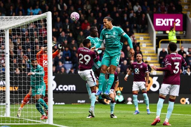 Burnley, England, 14th September 2025. Ibrahima Konate of Liverpool has a headed shot at goal which goes over during the Burnley vs Liverpool Premier League match at Turf Moor, Burnley. Picture credit should read: Simon Bellis Sportimage EDITORIAL USE ONLY. No use with unauthorised audio, video, data, fixture lists, club league logos or live services. Online in-match use limited to 120 images, no video emulation. No use in betting, games or single club league player publications. SPI_031_SB_BURNLEY_LIVERPOOL SPI-4138-0031