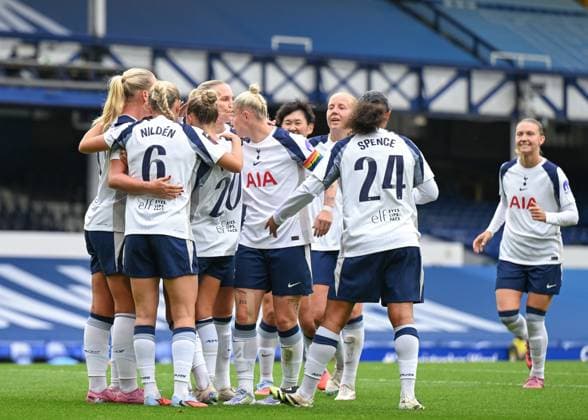 Liverpool, England, 14th September 2025. Olga Ahtinen of Tottenham Hotspur celebrates scoring her sides first goal during the Everton Women vs Tottenham Women Barclay s Women s Super League match at Goodison Park, Liverpool. Picture credit should read: Cody Froggatt Sportimage EDITORIAL USE ONLY. No use with unauthorised audio, video, data, fixture lists, club league logos or live services. Online in-match use limited to 120 images, no video emulation. No use in betting, games or single club league player publications. SPI_015_CF_EVERTON_WOMEN_V_TOTTENHAM_WOMEN SPI-4136-0015
