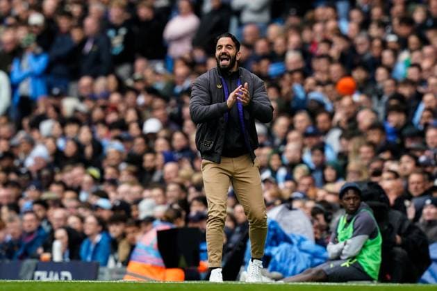 Manchester, England, 14th September 2025. Ruben Amorim manager of Manchester United, ManU gives his players instructions during the Manchester City vs Manchester United Premier League match at the Etihad Stadium, Manchester. Picture credit should read: Andrew Yates Sportimage EDITORIAL USE ONLY. No use with unauthorised audio, video, data, fixture lists, club league logos or live services. Online in-match use limited to 120 images, no video emulation. No use in betting, games or single club league player publications. SPI_016_AY_MCI_MUFC SPI-4139-0016