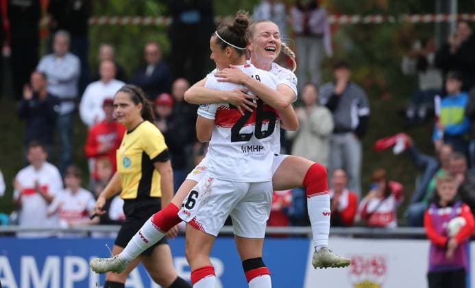 Stuttgart , Soccer 2 Bundesliga , VfB Stuttgart Women vs Viktoria Berlin , VfB cheers , from left Nicole Billa Leonie Kopp