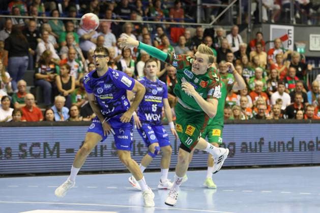 14 09 2025, xtgx, SC Magdeburg TVB Stuttgart v l Gisli Thorgeir Kristjansson Magdeburg, 10 throws goal, goal scorer, scores goal, scores the goal Magdeburg