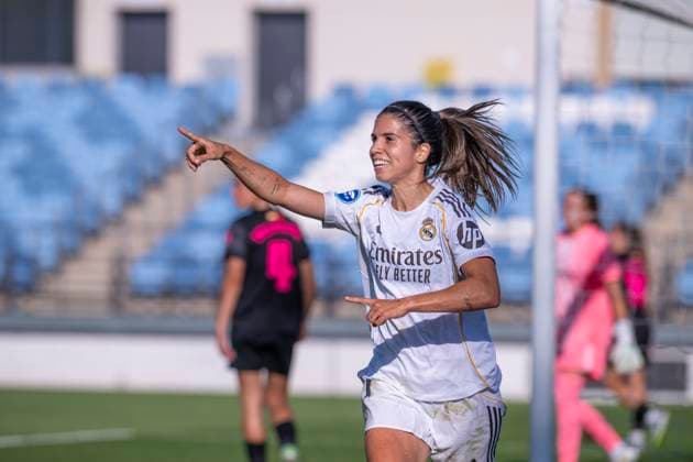 September 14, 2025, Alcala De Henares, Madrid, Spain: ALBA REDONDO of Real Madrid Femenino CF celebrates a goal during the match belonging to La LigaF season 25 26 soccer Ã¢â‚¬oe REAL MADRID FEM - MADRID CFF Ã¢â‚¬Â held on September 14, 2025, at the Ciudad Deportiva Real Madrid Valdebebas, Madrid, Spain. Alcala De Henares Spain - ZUMAc312 20250914_zsp_c312_232 Copyright: xOscarxManuelxSanchezx