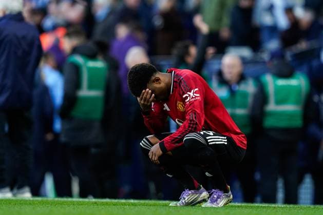 Manchester, England, 14th September 2025. A dejected Amad Diallo of Manchester United, ManU at full time in the Manchester City vs Manchester United Premier League match at the Etihad Stadium, Manchester. Picture credit should read: Andrew Yates Sportimage EDITORIAL USE ONLY. No use with unauthorised audio, video, data, fixture lists, club league logos or live services. Online in-match use limited to 120 images, no video emulation. No use in betting, games or single club league player publications. SPI_073_AY_MCI_MUFC SPI-4139-0073