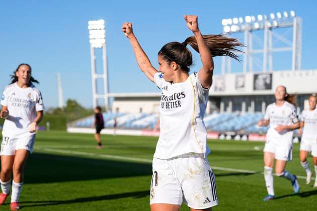 September 14, 2025, Valdebebas, Madrid, Spain: Alba Maria Redondo Ferrer of Real Madrid CF celebrates a goal during the Spanish Women League, Liga F, football match played between Real Madrid and Madrid CFF at Alfredo Di Stefano stadium on September 14, 2025, in Valdebebas, Madrid, Spain. Valdebebas Spain - ZUMAa181 20250914_zaa_a181_167 Copyright: xOscarxJ.xBarrosox
