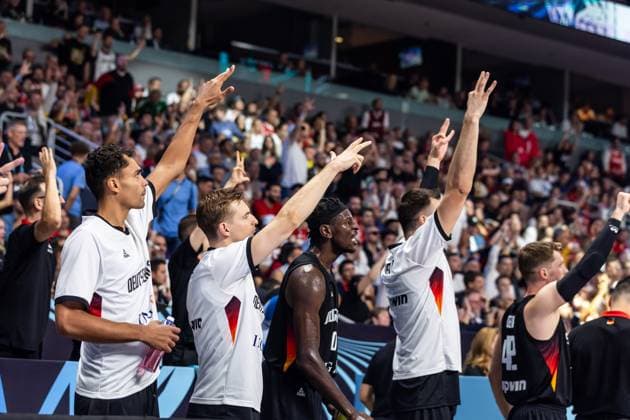LAT, Eurobasket 205, European Basketball Championship, Final, Turkey Germany 14 09 2025, Riga Arena, Riga, LAT, Eurobasket 205, European Basketball Championship, Final, Turkey Germany Team Germany cheers  Photo Alexander Trienitz nordphoto GmbH nordphotoxGmbHx xTrienitz nph00051
