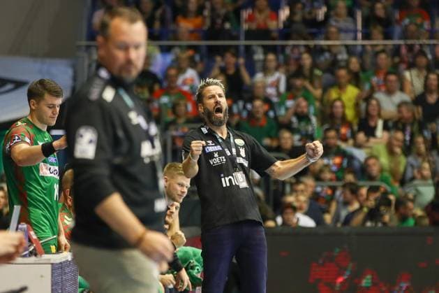 14 09 2025, xgox, Handball Daikin HBL SC Magdeburg TVB Stuttgart emspor, v l Bennet Wiegert Magdeburg, coach jubilation, goal celebration, celebrate the goal, celebration Magdeburg