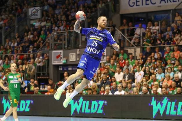 14 09 2025, xgox, Handball Daikin HBL SC Magdeburg TVB Stuttgart emspor, v l Patrick Zieker Stuttgart, 25 throws goal, Torschuetze, scores goal, Treffer, scores the goal Magdeburg