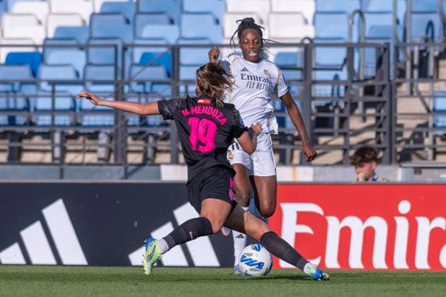 September 14, 2025, Alcala De Henares, Madrid, Spain: EVA MARIA NAVARRO of Real Madrid Femenino CF fights the ball against NAOMI FELLER of Real Madrid Femenino CF during the match belonging to La LigaF season 25 26 soccer Ã¢â‚¬oe REAL MADRID FEM - MADRID CFF Ã¢â‚¬Â held on September 14, 2025, at the Ciudad Deportiva Real Madrid Valdebebas, Madrid, Spain. Alcala De Henares Spain - ZUMAc312 20250914_zsp_c312_269 Copyright: xOscarxManuelxSanchezx