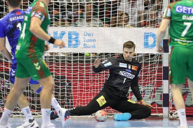 14 09 2025, xtgx, SC Magdeburg TVB Stuttgart v l Sergey Hernandez Ferrer Magdeburg, 1 save, holds the ball, catches the ball, parries Magdeburg