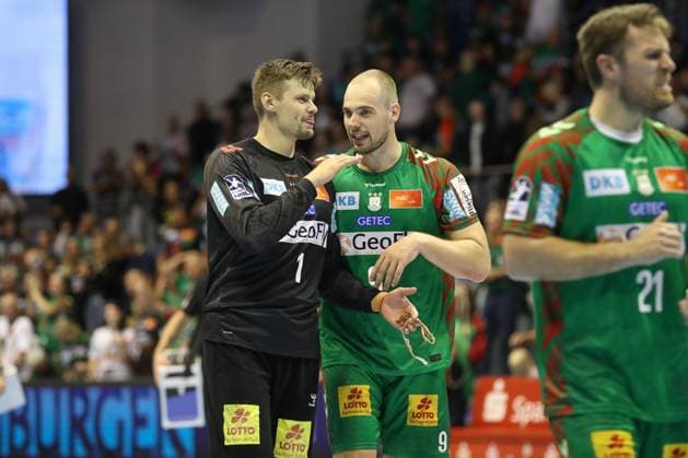 14 09 2025, xtgx, SC Magdeburg TVB Stuttgart v l Sergey Hernandez Ferrer Magdeburg, 1 , Tim Zechel Magdeburg, 9 Cheering about the victory, cheering after the end of the game Magdeburg