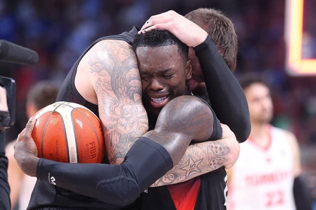 TURKEY vs GERMANY CELEBRATION, DENNIS SCHRODER, DANIEL THEIS, basketball player of Germany during the European Championships final match against Turkey, at Xiaomi Arena. Riga, 14.09.2025. photo: Ivica Veselinov MN Press Photo BASKETBALL, FIBA, EUROBASKET 2025, TURKEY, GERMANY Riga Xiaomi Arena Riga Latvia Copyright: xMNxPressxPhotox