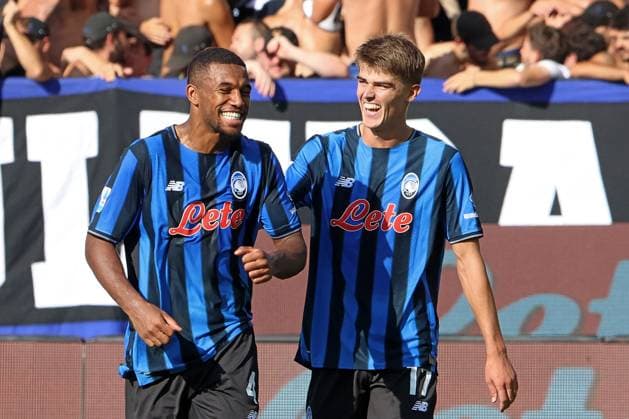 ISAK HIEN, CHARLES DE KETELAERE, Atalanta, Serie A, 2025-26, Atalanta vs Lecce 4-1, 14-09-2025, Esultanza, Celebratio, Jubel, Close up SERIE A 2025-26 ATALANTA-LECCE 4-1