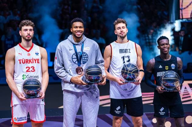 Alperen SENGUN, Giannis ANTETOKOUNMPO, Franz WAGNER, Dennis SCHRODER Turchia Turkiye - Germania Germany Final FIBA Eurobasket 2025 Riga 14.09.2025 Foto Dragana Stjepanovic Ciamillo-Castoria  Copyright: xDraganaxStjepanovicx