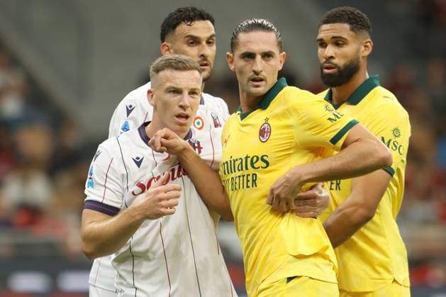 ADRIEN RABIOT, RUBEN LOFTUS CHEEK, Milan, LEWIS FERGUSON, CHARALAMPOS LYKOGIANNIS, Bologna, Serie A, 2025-26, Milan vs Bologna 1-0, 14-09-2025, Contrasto, Action SERIE A 2025-26 MILAN-BOLOGNA 1-0