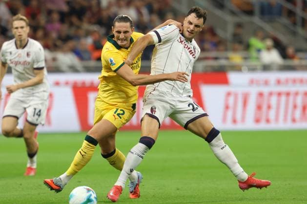 ADRIEN RABIOT, Milan, NADIR ZORTEA, Bologna, Serie A, 2025-26, Milan vs Bologna 1-0, 14-09-2025, Contrasto, Action SERIE A 2025-26 MILAN-BOLOGNA 1-0