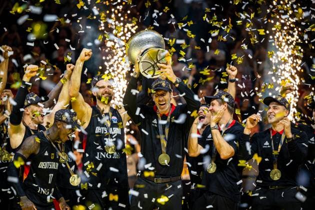 Basketball Riga 14 09 2025 DBB International Mens EuroBasket 2025 Final Turkey TUR Germany GER Germany is European Champion Cheers Alex Mumbru Germany, national coach