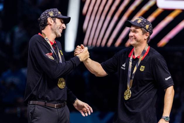 FIBA EuroBasket 2025 Gold Turkey Germany 14 09 2025 Alex Mumbru national coach Germany and Alan Ibrahimagic co-coach Germany laughing and clapping, Gold Medal FIBA EuroBasket 2025 Gold Turkey Germany Riga, Arena Riga on 14 09 2025 Copyright: xBEAUTIFULxSPORTS Wunderlx