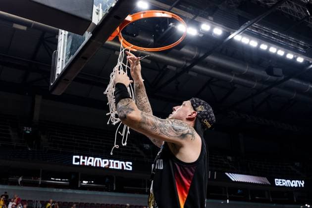 FIBA EuroBasket 2025 Gold Turkey Germany 14 09 2025 Daniel Theis Germany, 10 cuts down the net European Champion, Gold FIBA EuroBasket 2025 Gold Turkey Germany Riga, Arena Riga on 14 09 2025 Copyright: xBEAUTIFULxSPORTS Wunderlx