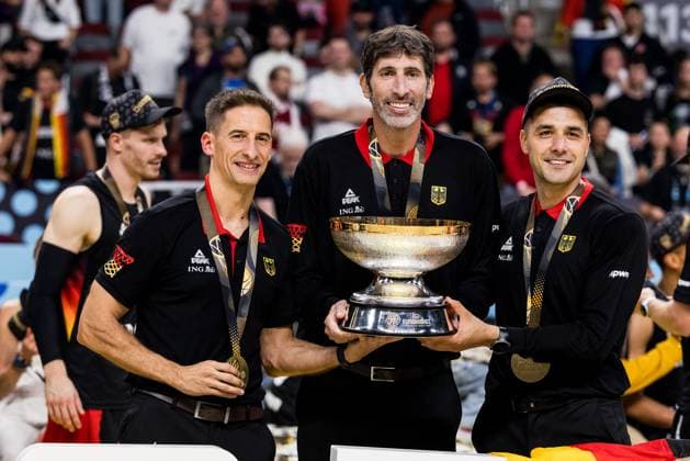 FIBA EuroBasket 2025 Gold Turkey Germany 14 09 2025 Alberto Miranda Sanchez Co Coach Germany , Alex Mumbru National Coach Germany and Roberto Molina Romero Co Coach Germany with Gold Medal, Trophy, Cup FIBA EuroBasket 2025 Gold Turkey Germany Riga, Arena Riga on 14 09 2025 Copyright: xBEAUTIFULxSPORTS Wunderlx