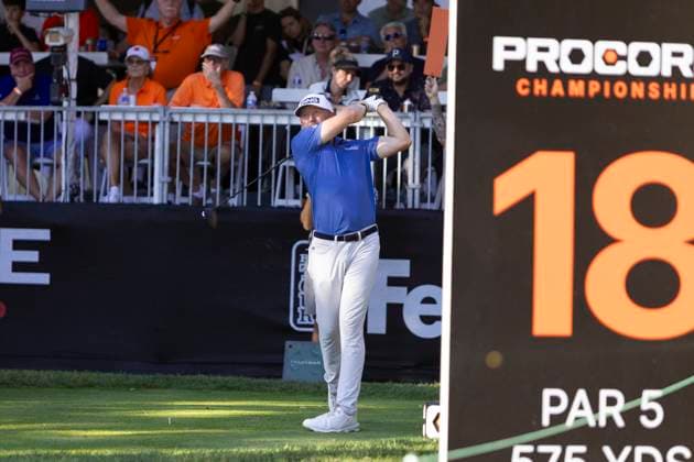 September 14, 2025, Napa, California, United States: NAPA, CA - SEPTEMBER 14: Mackenzie Hughes of Canada tees off on hole 18 during the Procore Championship 2025 - Final Round at Silverado Resort on September 14, 2025 in Napa, California. Procore Championship 2025- Final Round  - ZUMAt139 20250914_aaa_t139_160 Copyright: xAlxChang IsixPhotosx