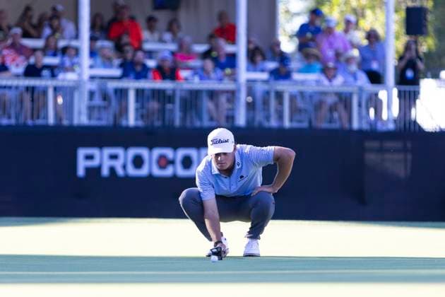 September 14, 2025, Napa, California, United States: NAPA, CA - SEPTEMBER 14: Jackson Koivun of the United States lines up a putt on hole 18 during the Procore Championship 2025 - Final Round at Silverado Resort on September 14, 2025 in Napa, California. Napa United States - ZUMAt139 20250914_aaa_t139_131 Copyright: xAlxChang IsixPhotosx