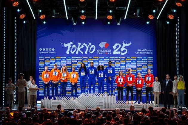 2025-09-15 World Athletics Championships Tokyo 2025 - Day 3 TOKYO, JAPAN - SEPTEMBER 15: Femke Bol of the Netherlands, Jonas Phijffers of the Netherlands, Lieke Klaver of the Netherlands, Eugene Omalla of the Netherlands during the podium ceremony after competing during the Mixed 4x400m Relay on day one of the World Athletics Championships Tokyo 2025 at National Stadium on September 15, 2025 in Tokyo, Japan. (Photo by Joris Verwijst BSR Agency) Tokyo Japan Content not available for redistribution in The Netherlands directly or indirectly through any third parties. Copyright: xBSRxAgencyx