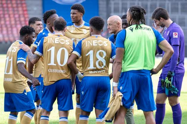 V.l.n.r. Nathan Butler Oyedeji, Olivier Custodio, Karim Sow, Morgan Poaty, Trainer Peter Zeidler, Torhüter Karlo Letica, LS, Grasshopper Club Zürich - FC Lausanne Super League, Fussball, 14.09.2025 *** From left to right Nathan Butler Oyedeji, Olivier Custodio, Karim Sow, Morgan Poaty, coach Peter Zeidler, goalkeeper Karlo Letica, LS, Grasshopper Club Zürich FC Lausanne Sport, Super League, Football, 14 09 2025 
