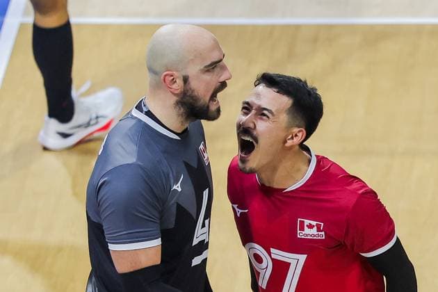 (250915) -- QUEZON CITY, Sept. 15, 2025 -- Nicholas Hoag (L) and Landon Currie of Canada celebrate after scoring a point during the pool G match between Canada and Japan at the FIVB Men s World Championship, WM, Weltmeisterschaft 2025 in Quezon City, the Philippines, on Sept. 15, 2025. ) (SP) THE PHILIPPINES-QUEZON CITY-FIVB MEN S WORLD CHAMPIONSHIP 2025-CAN VS JPN ROUELLExUMALI 
