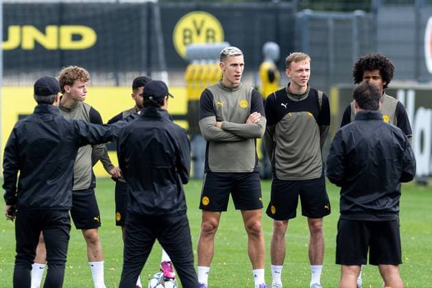 15 09 2025, Final training session for the UEFA Champions League match between Juventus Turin and Borussia Dortmund, f l Cole Campbell Borussia Dortmund , Nico Schlotterbeck Borussia Dortmund , Maximilian Beier Borussia Dortmund , Karim Adeyemi Borussia Dortmund , Dortmund training ground Borussia Dortmund NRW Germany xRHR PHOTO DEx Copyright: DennisxEwert RHR-FOTOx RHR-FOTO DE