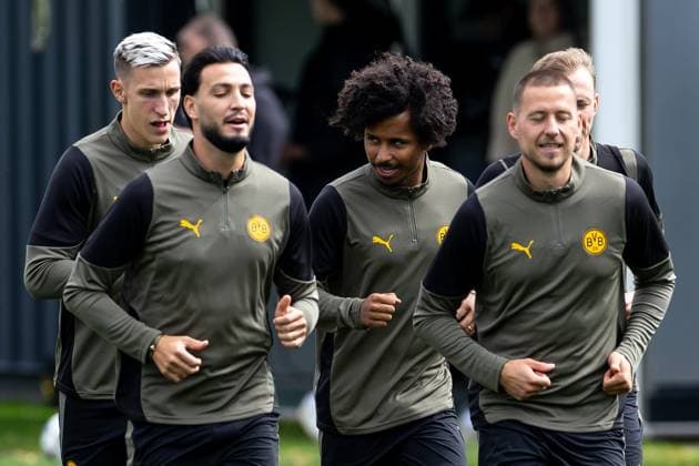 15 09 2025, Final training session for the UEFA Champions League match between Juventus Turin and Borussia Dortmund, f l Nico Schlotterbeck Borussia Dortmund , Ramy Bensebaini Borussia Dortmund , Karim Adeyemi Borussia Dortmund , Waldemar Anton Borussia Dortmund , Dortmund training ground Borussia Dortmund NRW Germany xRHR PHOTO DEx Copyright: DennisxEwert RHR-FOTOx RHR-FOTO DE