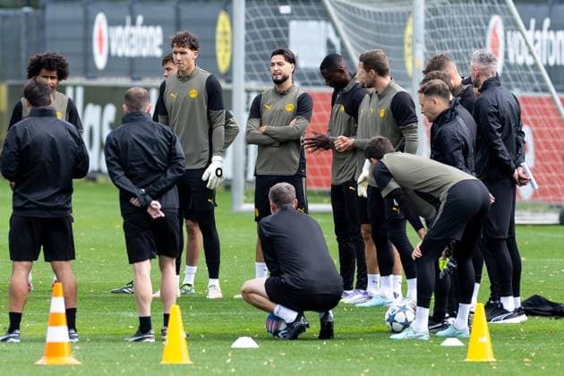 15 09 2025, Final training session for the UEFA Champions League match between Juventus Turin and Borussia Dortmund, f l Karim Adeyemi Borussia Dortmund , goalkeeper Silas Ostrzinski Borussia Dortmund , Ramy Bensebaini Borussia Dortmund , Serhou Guirassy Borussia Dortmund , goalkeeper Patrick Drewes Borussia Dortmund , Dortmund training ground Borussia Dortmund NRW Germany xRHR PHOTO DEx Copyright: DennisxEwert RHR-FOTOx RHR-FOTO DE