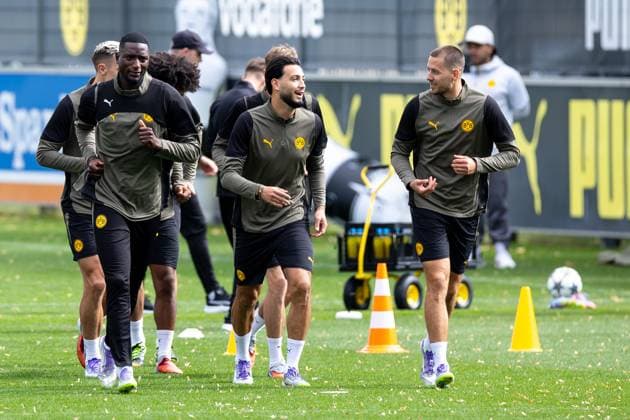 15 09 2025, Final training session for the UEFA Champions League match between Juventus Turin and Borussia Dortmund, f l Serhou Guirassy Borussia Dortmund , Ramy Bensebaini Borussia Dortmund , Waldemar Anton Borussia Dortmund , Dortmund training ground Borussia Dortmund NRW Germany xRHR PHOTO DEx Copyright: DennisxEwert RHR-FOTOx RHR-FOTO DE