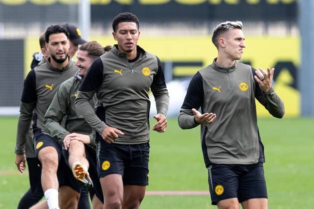 15 09 2025, Final training session for the UEFA Champions League match between Juventus Turin and Borussia Dortmund, f l Ramy Bensebaini Borussia Dortmund , Marcel Sabitzer Borussia Dortmund , Jobe Bellingham Borussia Dortmund , Nico Schlotterbeck Borussia Dortmund , Dortmund training ground Borussia Dortmund NRW Germany xRHR PHOTO DEx Copyright: DennisxEwert RHR-FOTOx RHR-FOTO DE